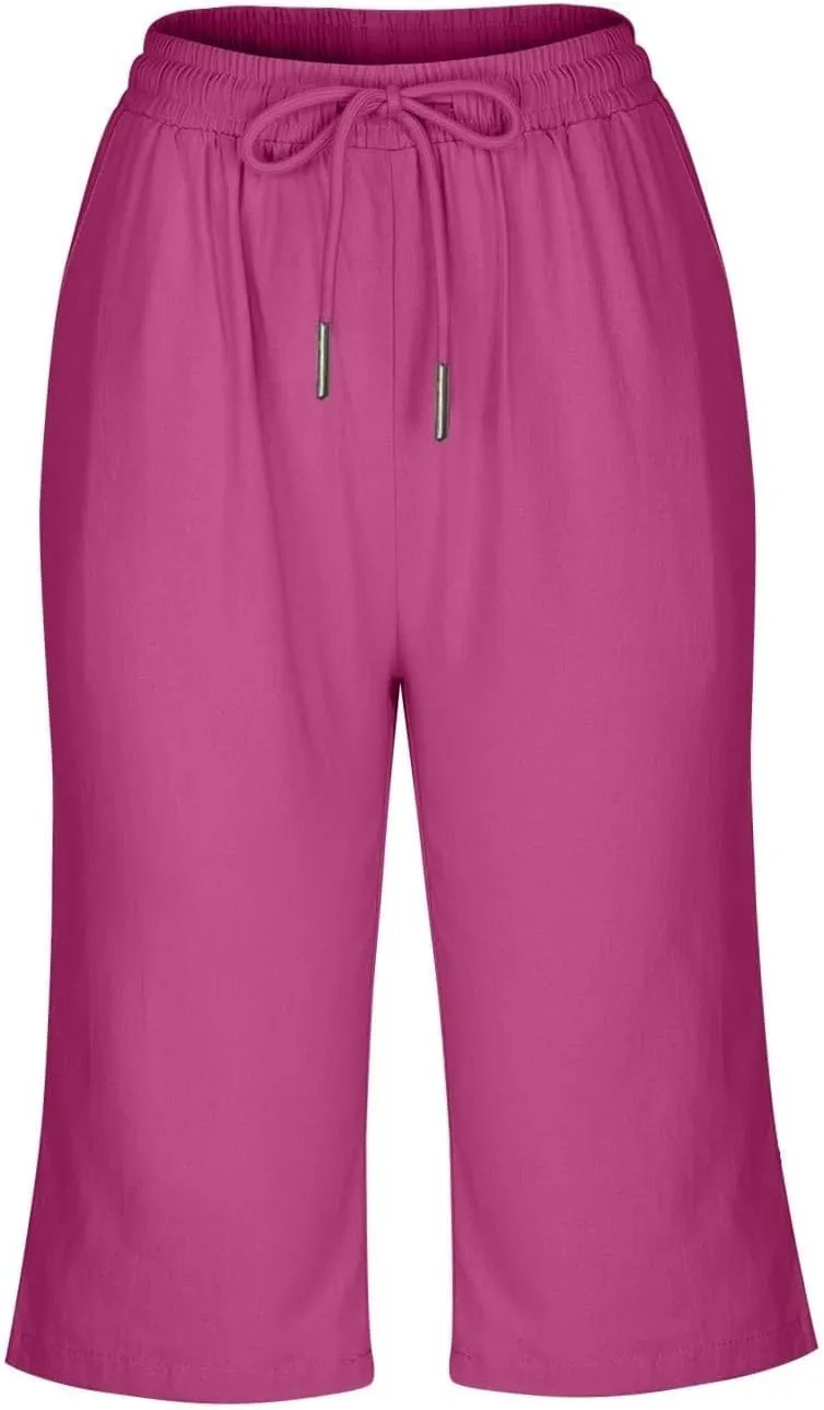 Bermuda Shorts for Women Knee Length Elastic Waist Drawstring Linen Capri Lightweight Summer Long Shorts with Pockets