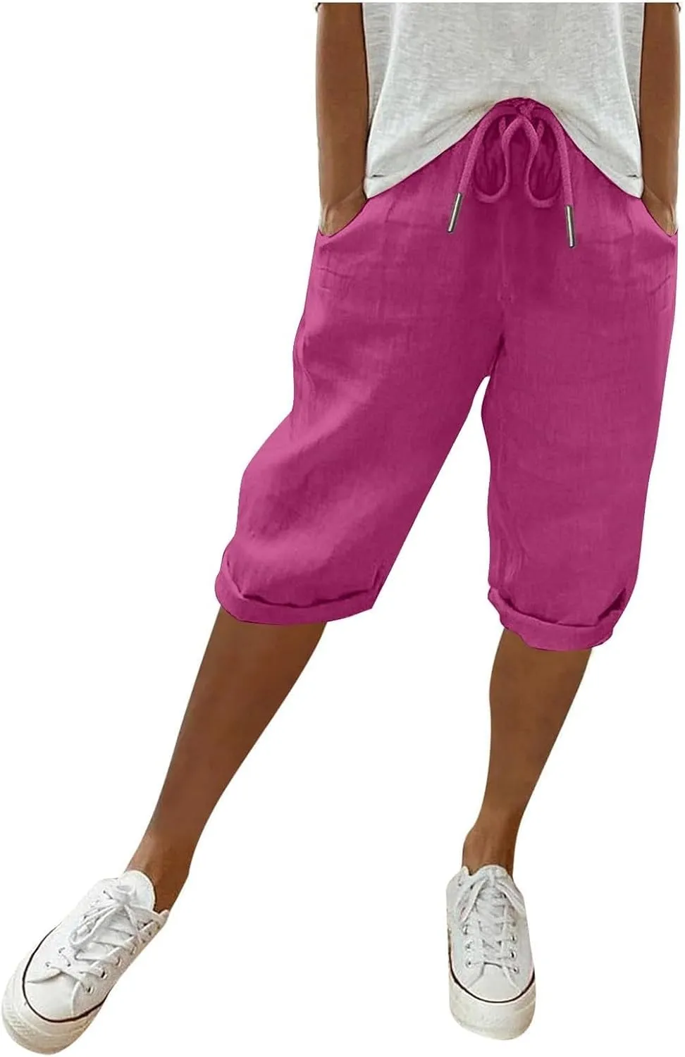 Bermuda Shorts for Women Knee Length Elastic Waist Drawstring Linen Capri Lightweight Summer Long Shorts with Pockets