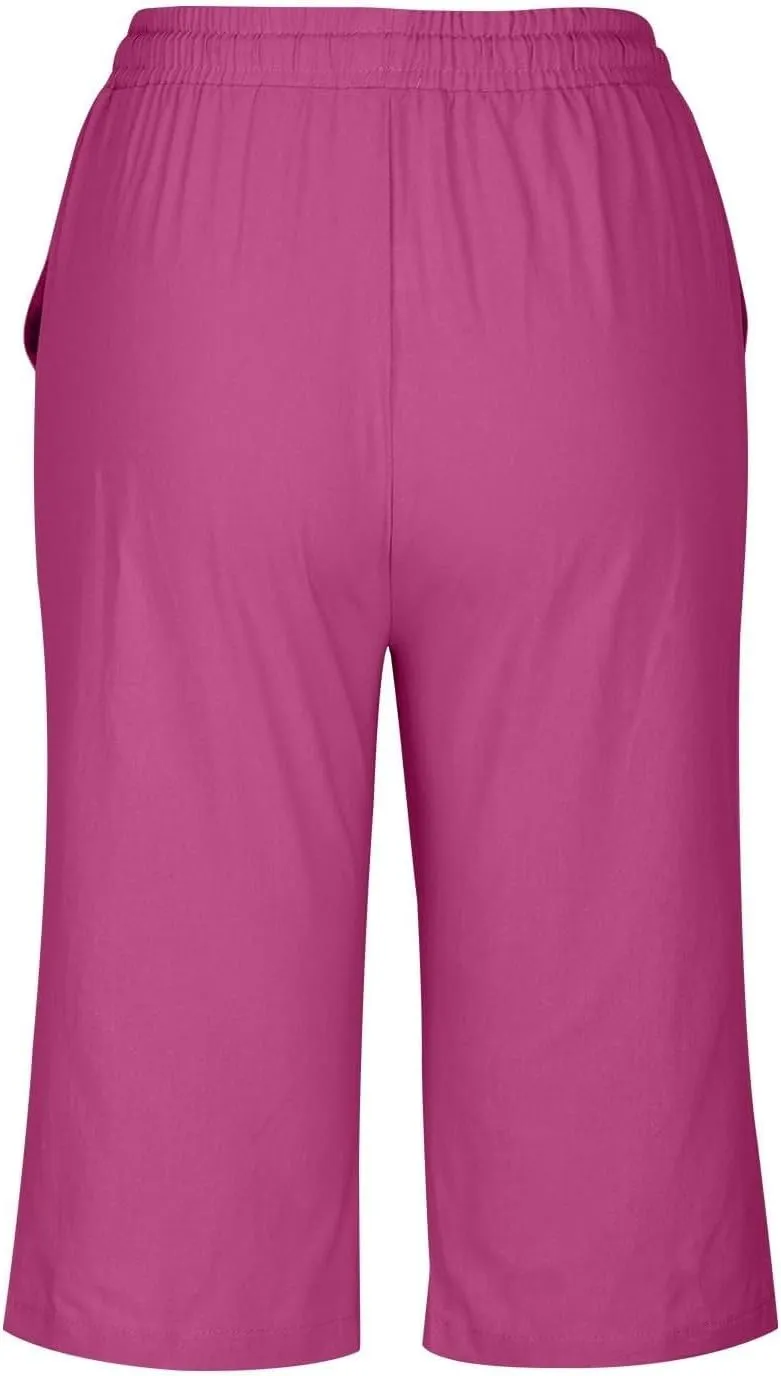 Bermuda Shorts for Women Knee Length Elastic Waist Drawstring Linen Capri Lightweight Summer Long Shorts with Pockets