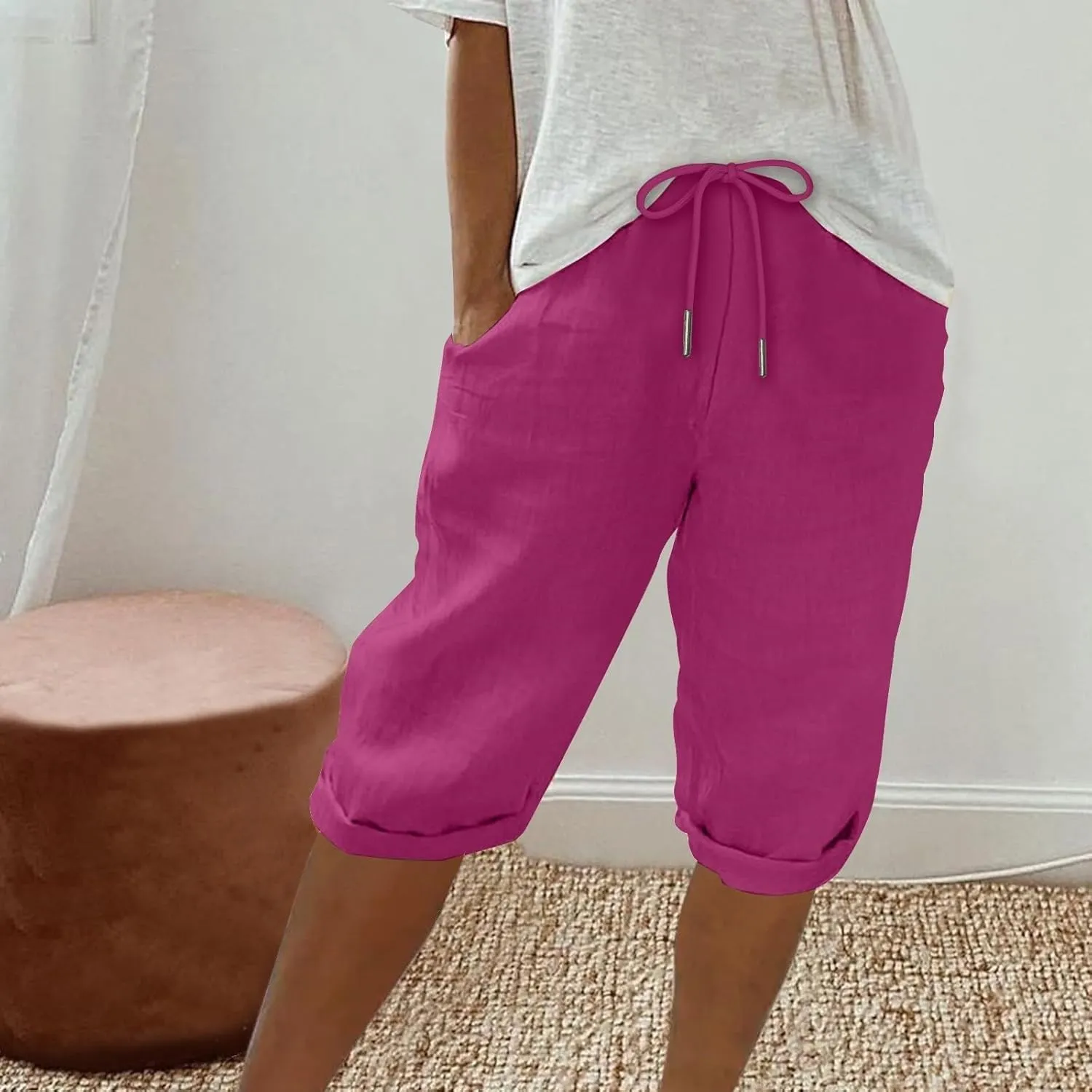 Bermuda Shorts for Women Knee Length Elastic Waist Drawstring Linen Capri Lightweight Summer Long Shorts with Pockets