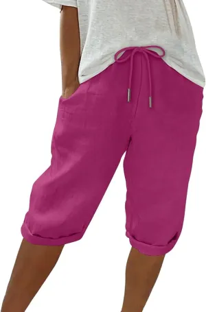 Bermuda Shorts for Women Knee Length Elastic Waist Drawstring Linen Capri Lightweight Summer Long Shorts with Pockets