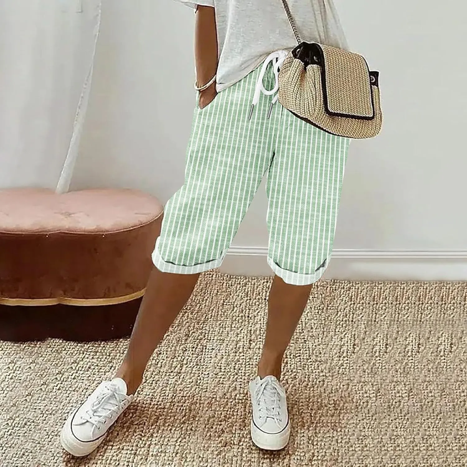 Bermuda Shorts for Women Knee Length Trendy Linen Shorts Casual Summer Plus Size Stripe Lounge Short with Pockets