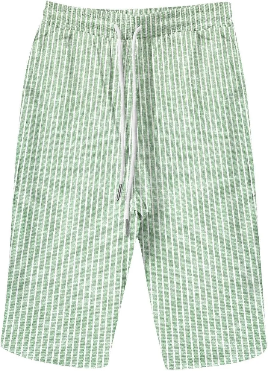 Bermuda Shorts for Women Knee Length Trendy Linen Shorts Casual Summer Plus Size Stripe Lounge Short with Pockets