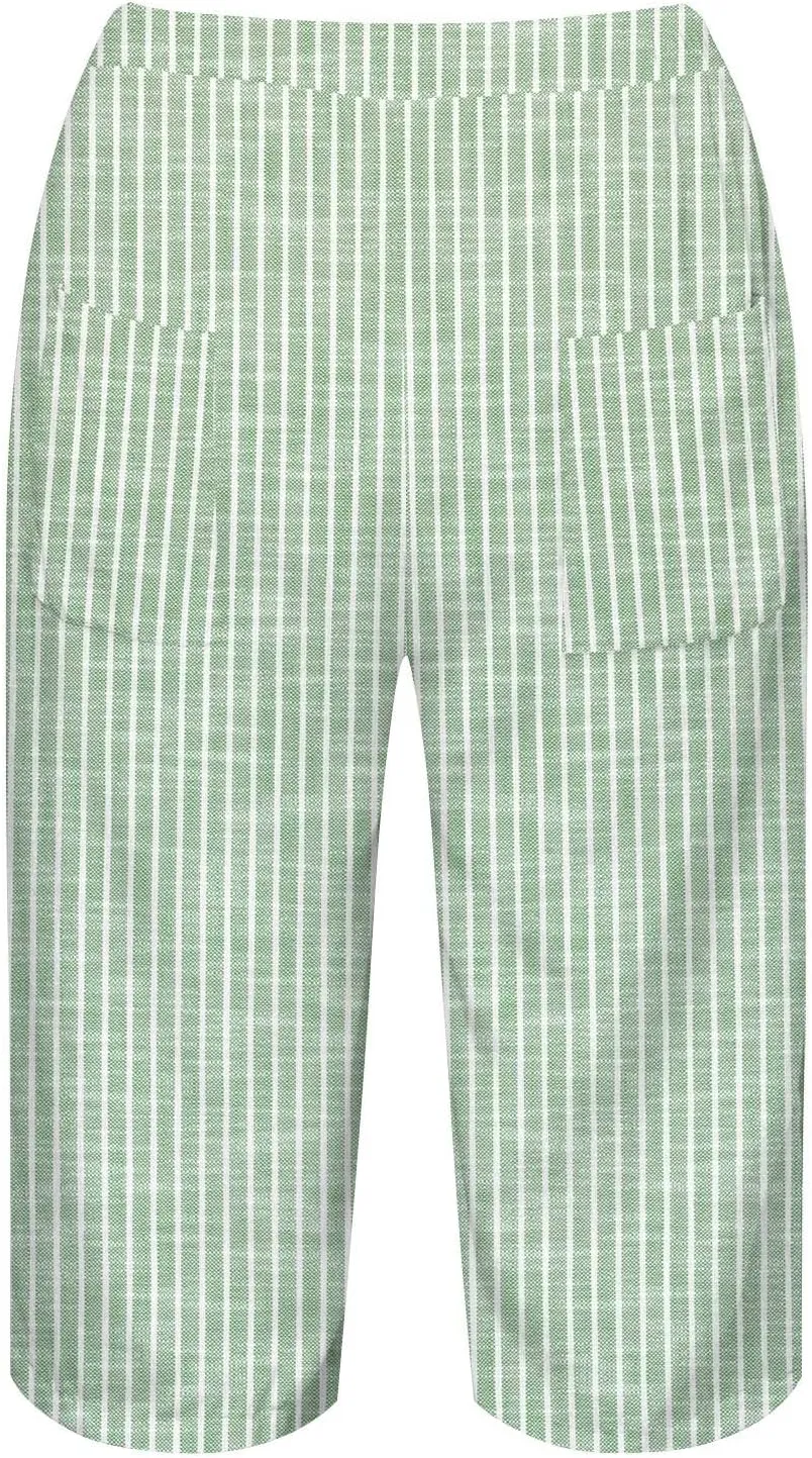 Bermuda Shorts for Women Knee Length Trendy Linen Shorts Casual Summer Plus Size Stripe Lounge Short with Pockets