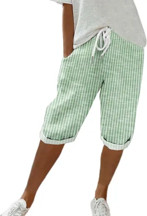 Bermuda Shorts for Women Knee Length Trendy Linen Shorts Casual Summer Plus Size Stripe Lounge Short with Pockets