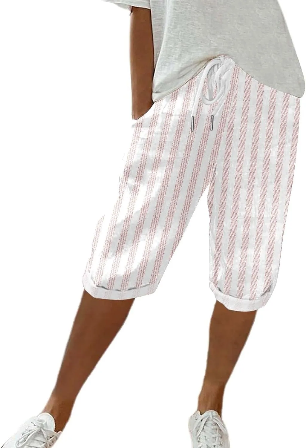 Bermuda Shorts for Women Knee Length Trendy Linen Shorts Casual Summer Plus Size Stripe Lounge Short with Pockets