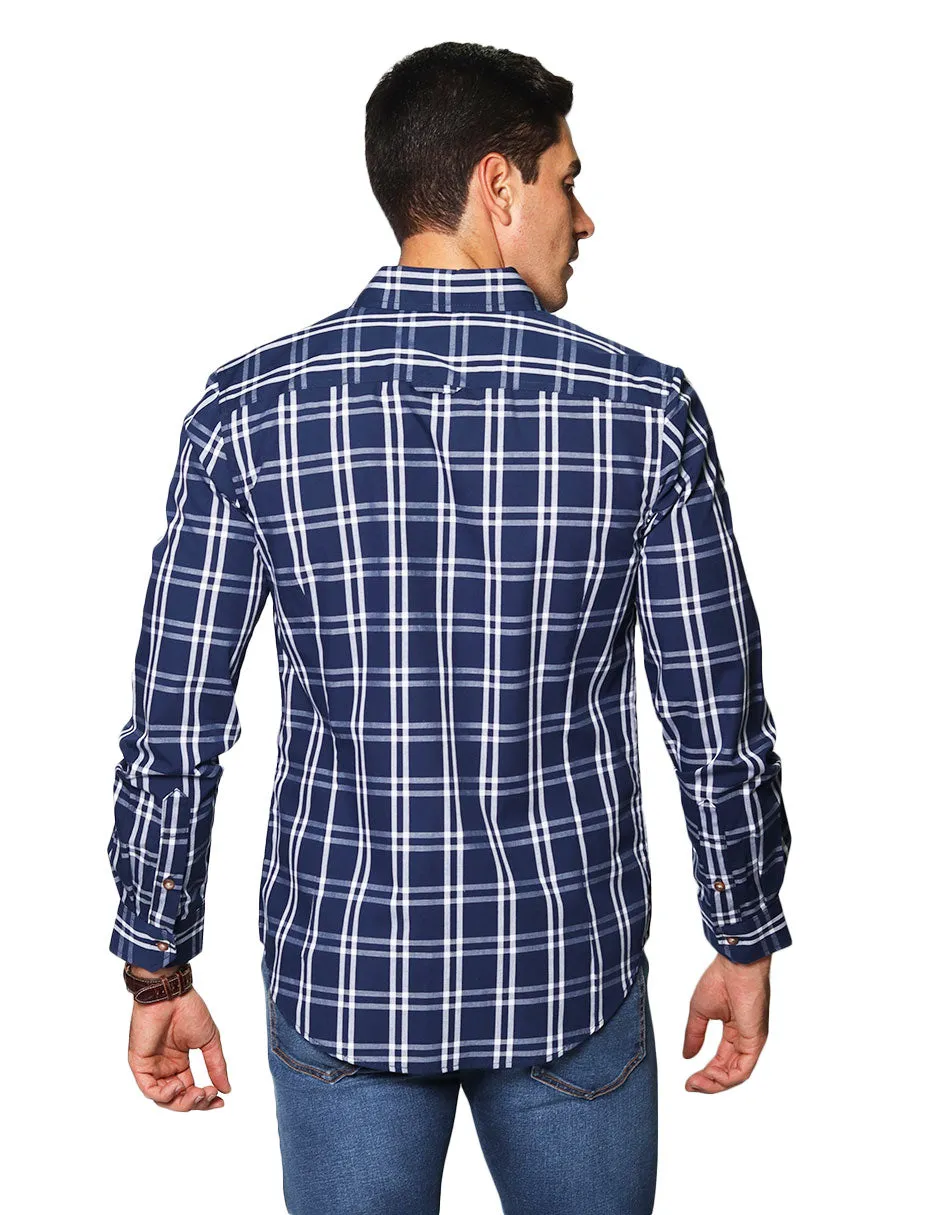 Camisas Hombre Casuales De Manga Larga Con Estampado De Cuadros De Algodón Slim Fit B35104 Marino