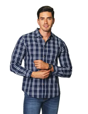 Camisas Hombre Casuales De Manga Larga Con Estampado De Cuadros De Algodón Slim Fit B35104 Marino