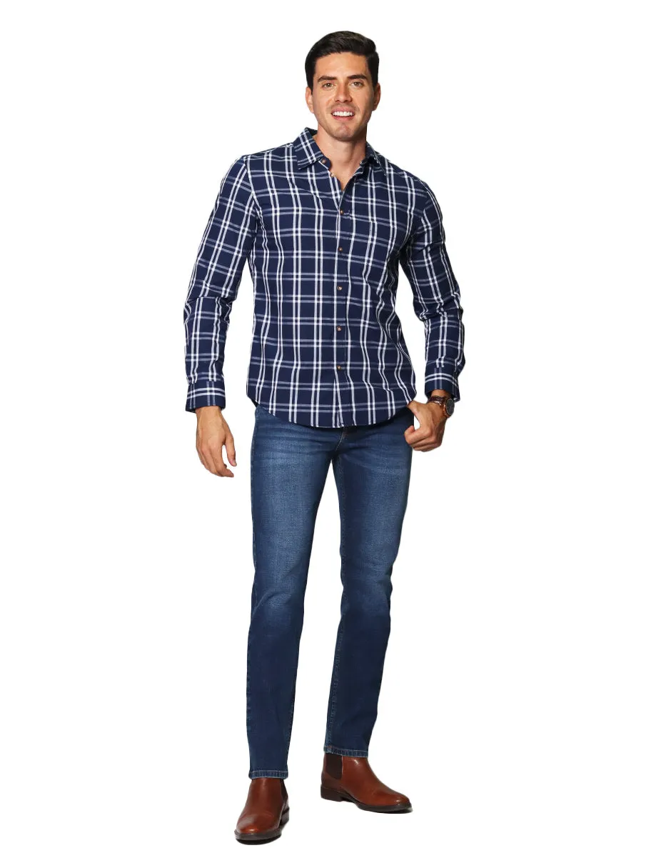 Camisas Hombre Casuales De Manga Larga Con Estampado De Cuadros De Algodón Slim Fit B35104 Marino