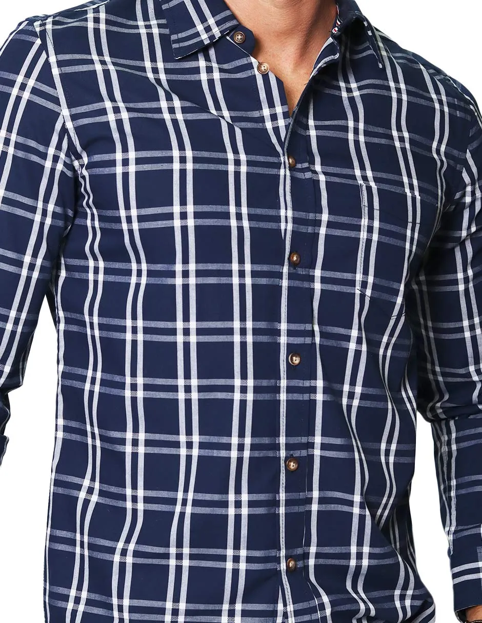 Camisas Hombre Casuales De Manga Larga Con Estampado De Cuadros De Algodón Slim Fit B35104 Marino