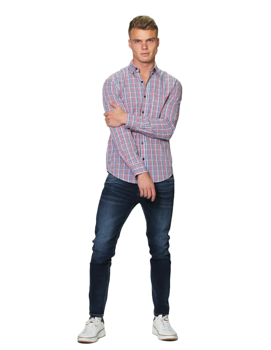 Camisas Hombre Manga Larga Cuadros Regular Fit B31226 Blanco
