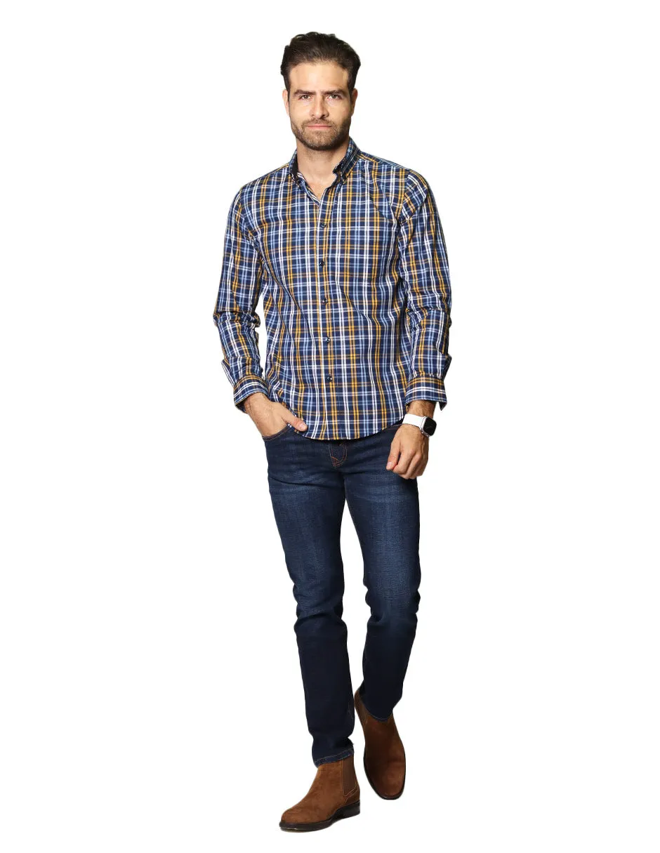 Camisas Para Hombre De Manga Larga Con Estampado De Cuadros Regular Fit B35217 Mostaza