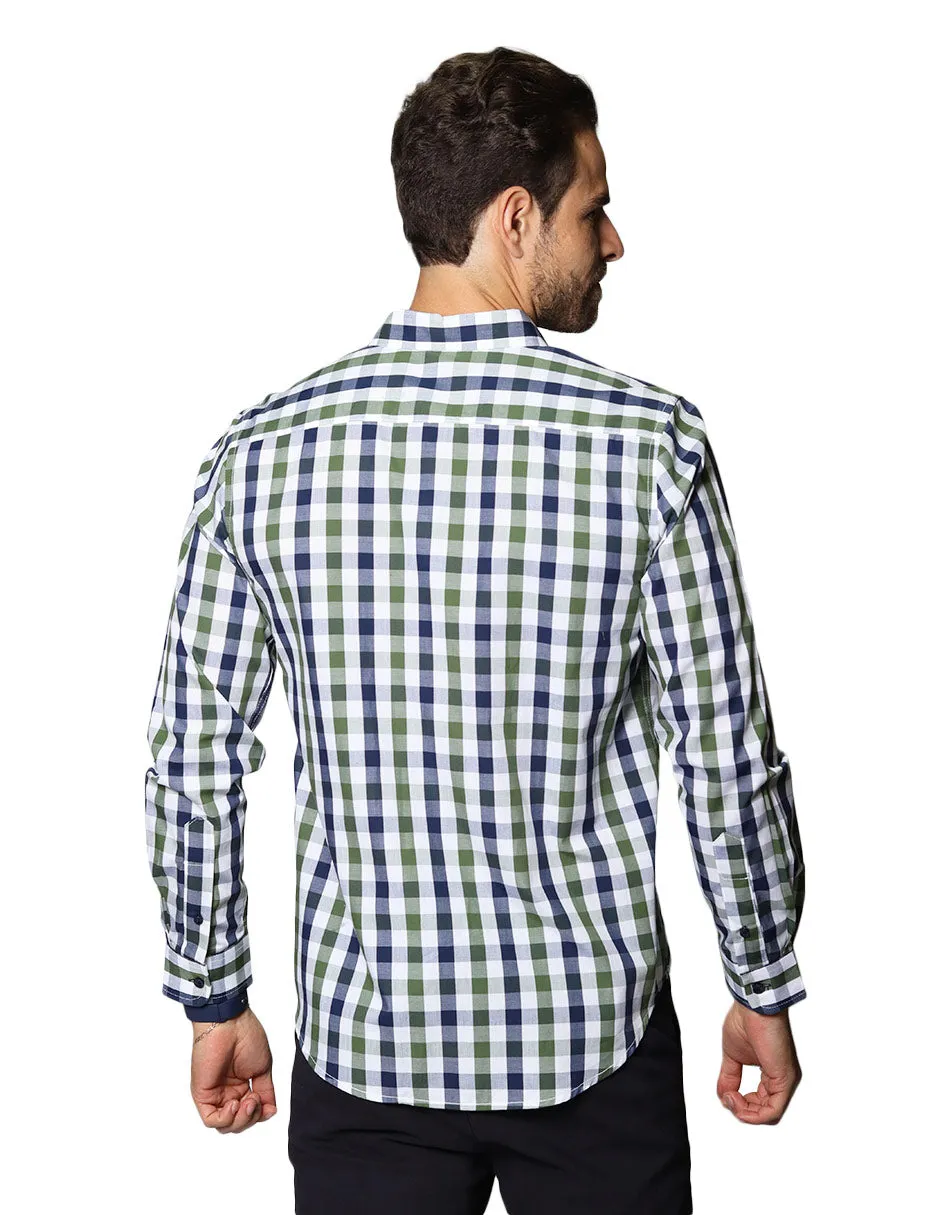 Camisas Para Hombre De Manga Larga Con Estampado De Cuadros Regular Fit B35218 Olivo