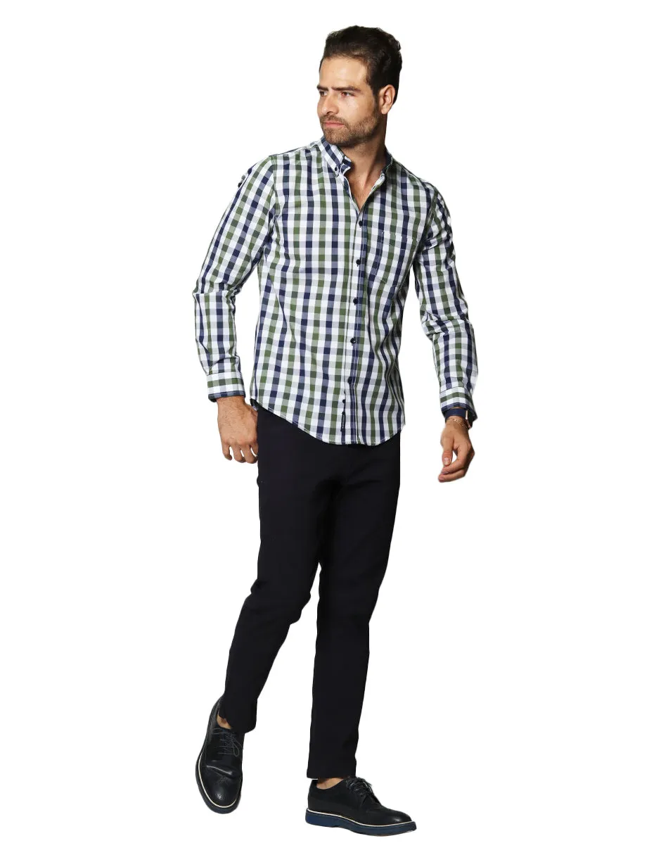 Camisas Para Hombre De Manga Larga Con Estampado De Cuadros Regular Fit B35218 Olivo