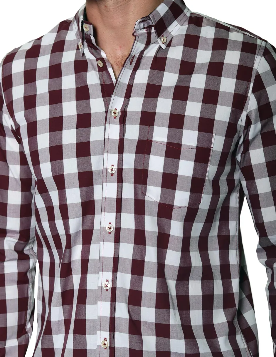 Camisas Para Hombre Manga Larga Cuadros B45205 Vino