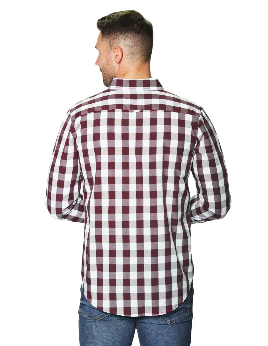Camisas Para Hombre Manga Larga Cuadros B45205 Vino