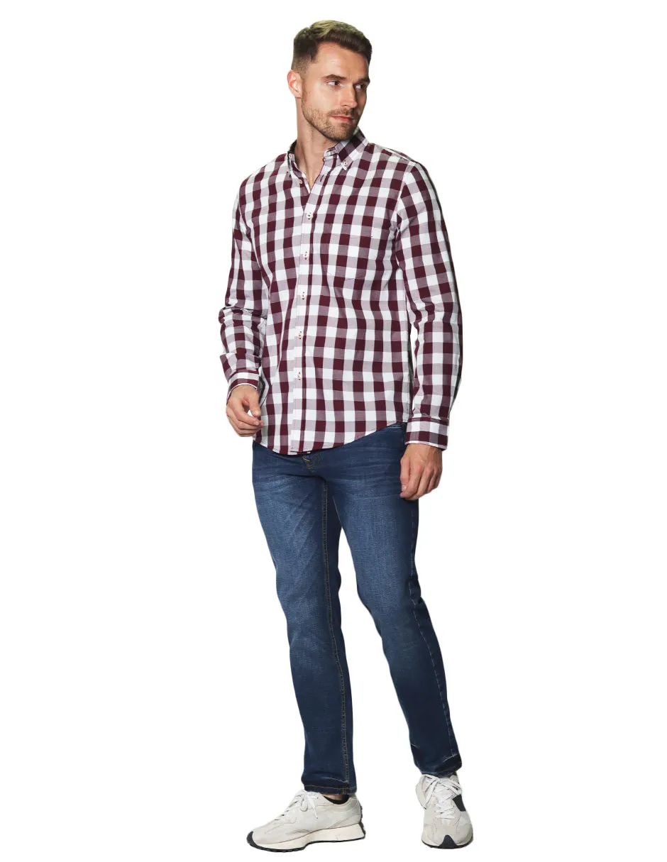 Camisas Para Hombre Manga Larga Cuadros B45205 Vino
