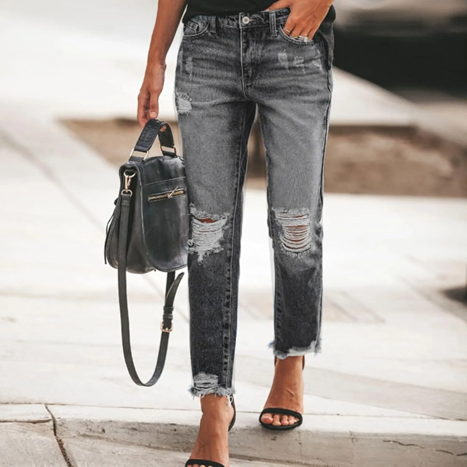 Capri Jeans for Women Stretchy Mid Rise Ripped Jeans Straight Leg Cropped Jean Raw Hem Distressed Denim Capri Pants