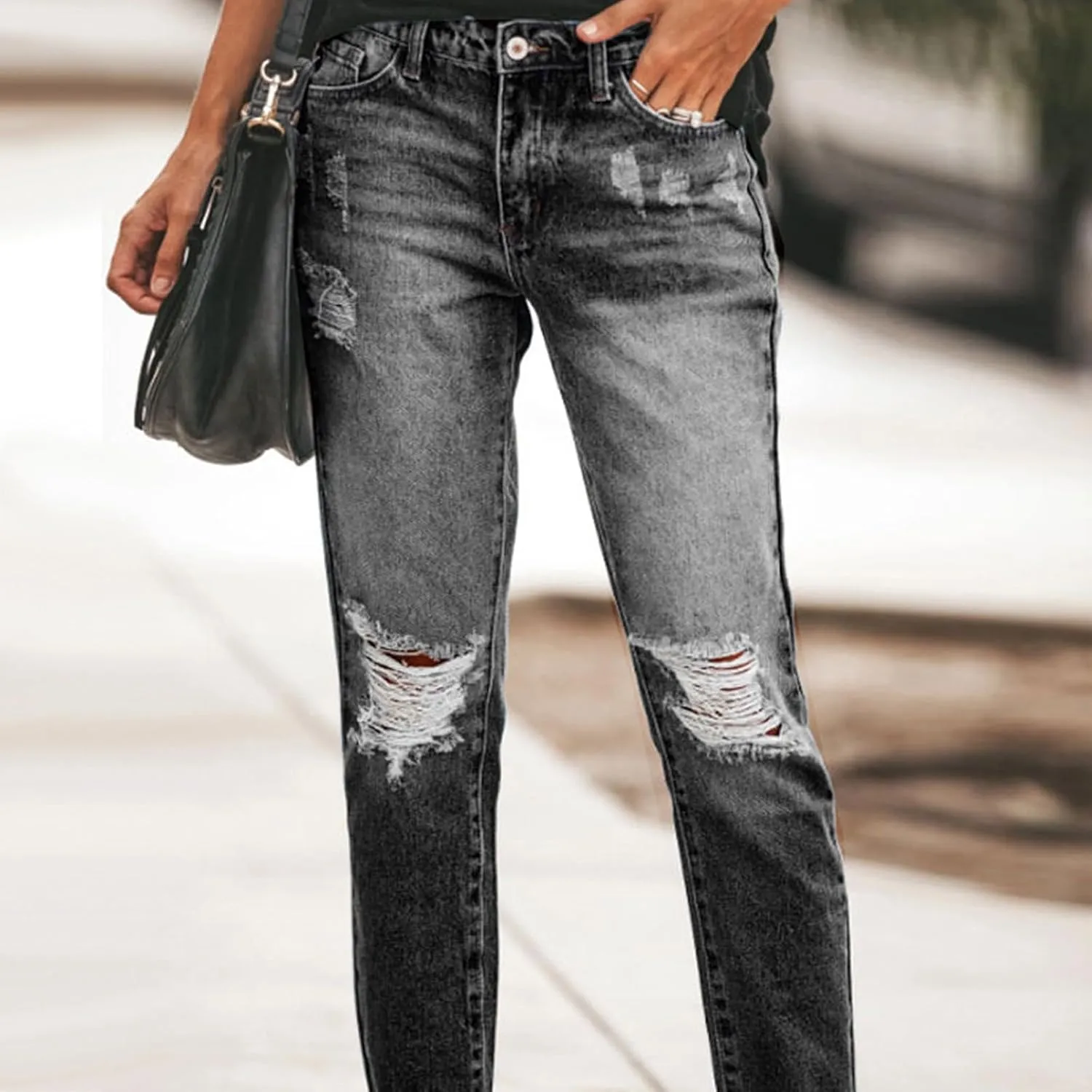 Capri Jeans for Women Stretchy Mid Rise Ripped Jeans Straight Leg Cropped Jean Raw Hem Distressed Denim Capri Pants