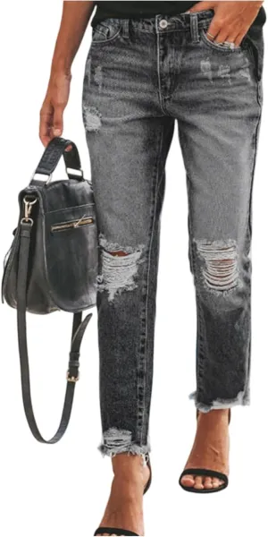 Capri Jeans for Women Stretchy Mid Rise Ripped Jeans Straight Leg Cropped Jean Raw Hem Distressed Denim Capri Pants