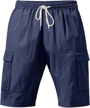 Cargo Shorts for Men Summer Casual Elastic Waist Knee Length Lightweight Beemuda Beach Linen Shorts Multi Pockets