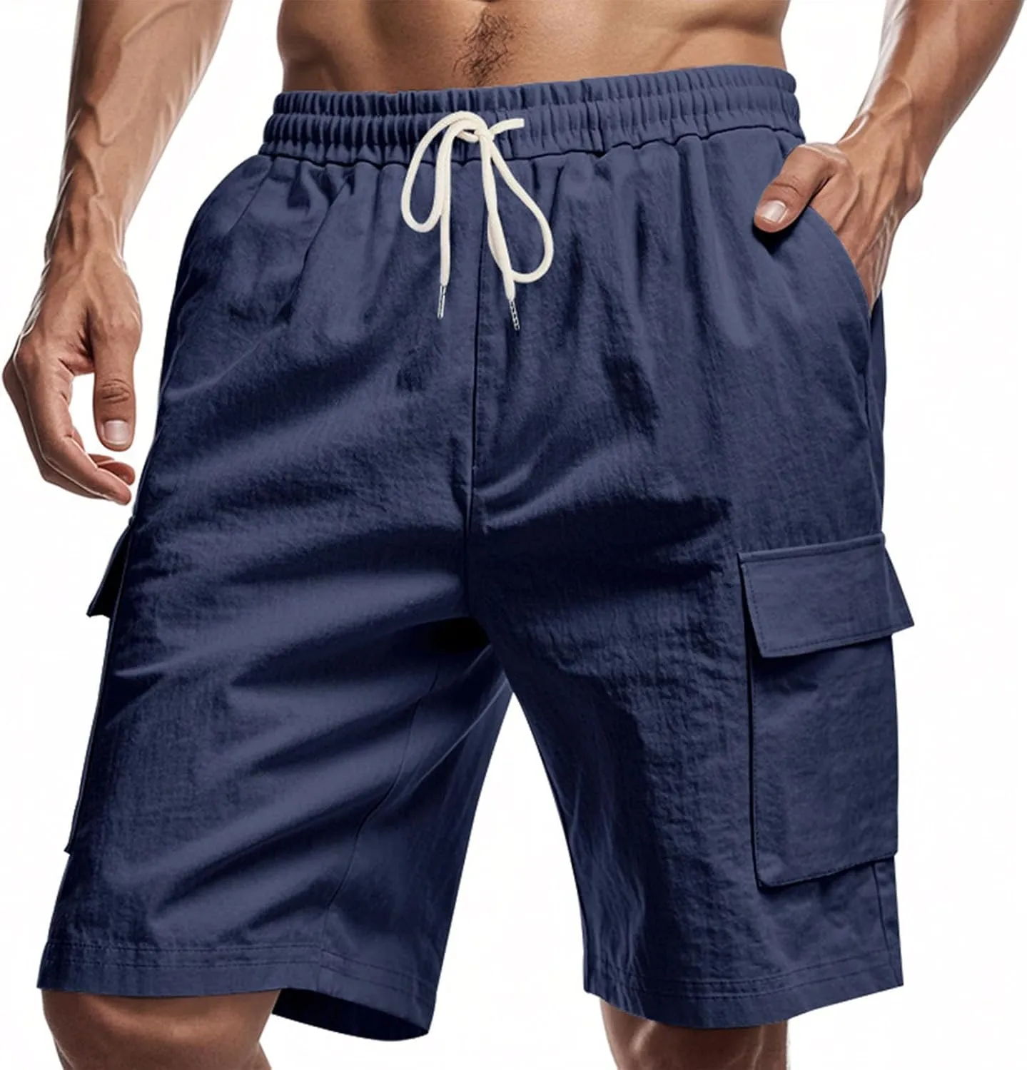 Cargo Shorts for Men Summer Casual Elastic Waist Knee Length Lightweight Beemuda Beach Linen Shorts Multi Pockets