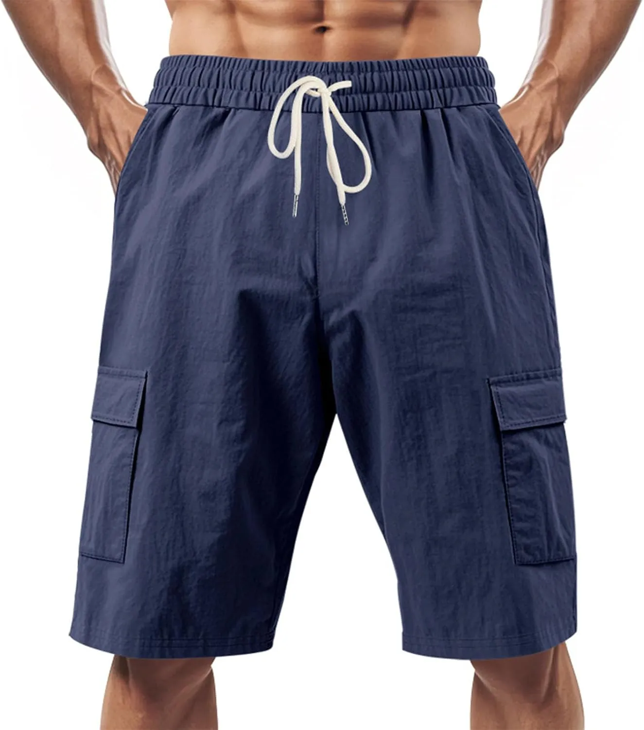 Cargo Shorts for Men Summer Casual Elastic Waist Knee Length Lightweight Beemuda Beach Linen Shorts Multi Pockets