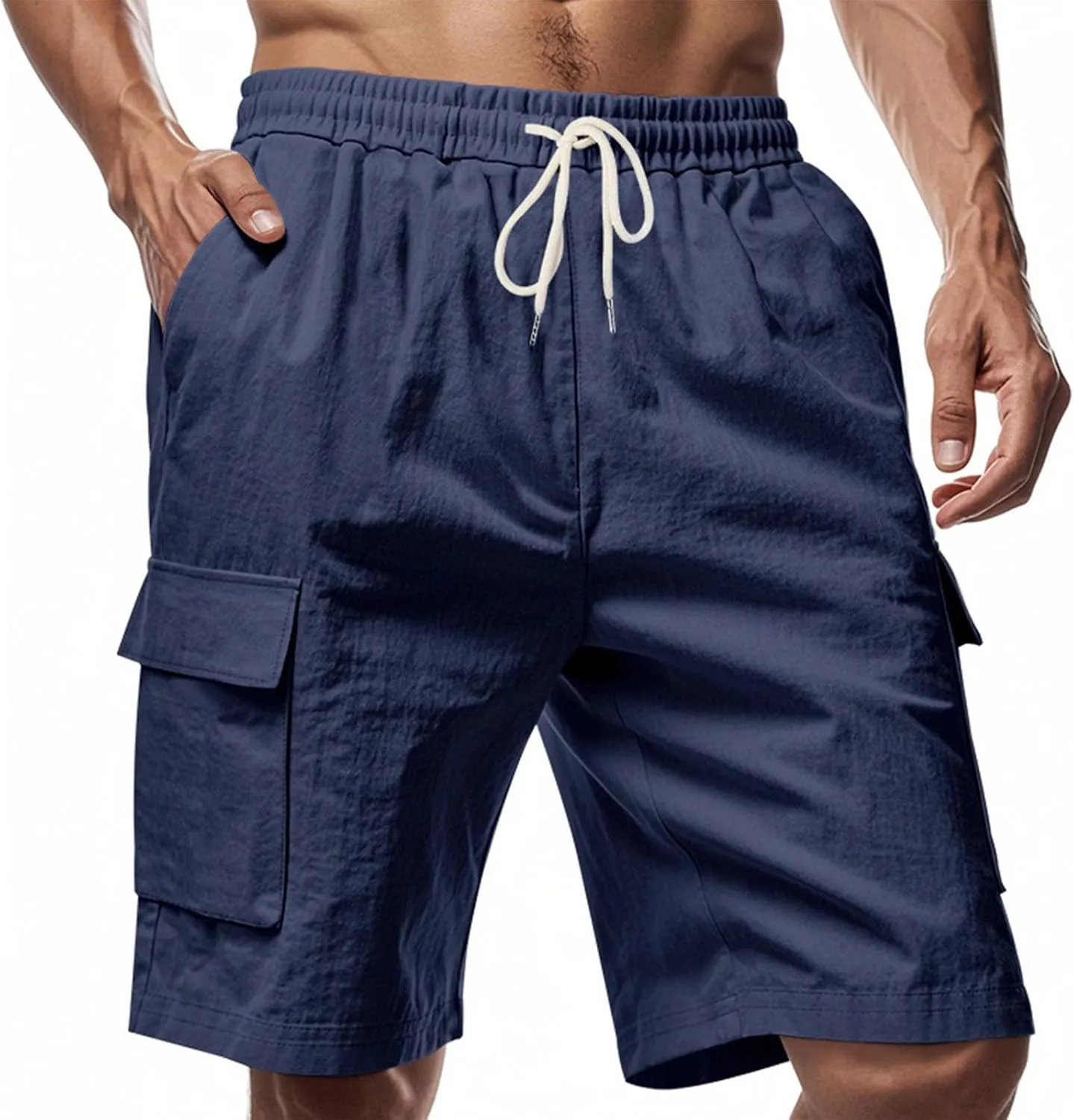 Cargo Shorts for Men Summer Casual Elastic Waist Knee Length Lightweight Beemuda Beach Linen Shorts Multi Pockets