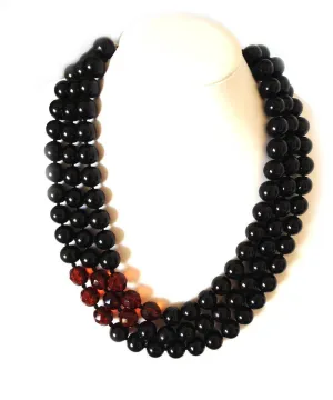 Collier de perles 3 rangs style Jackie Noir et cristaux bordeaux - FlotB