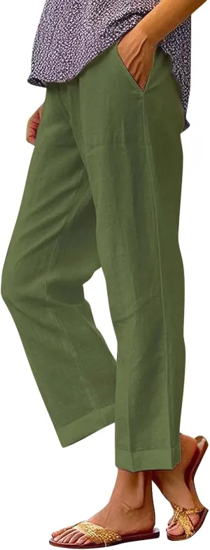 Cropped Linen Pants Women Summer Elastic Waist Straight Leg Slit Plus Size Pant Casual Trousers with Pockets