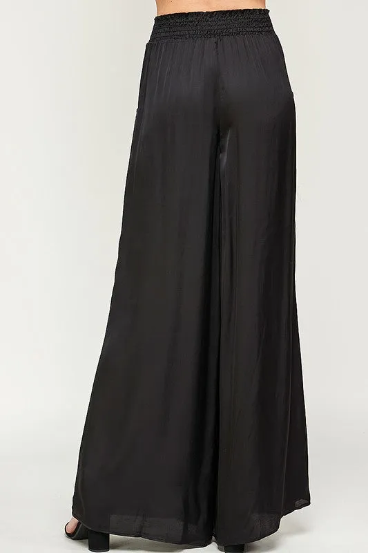 ELASTIC WAIST SATIN WIDE LEG PANTS