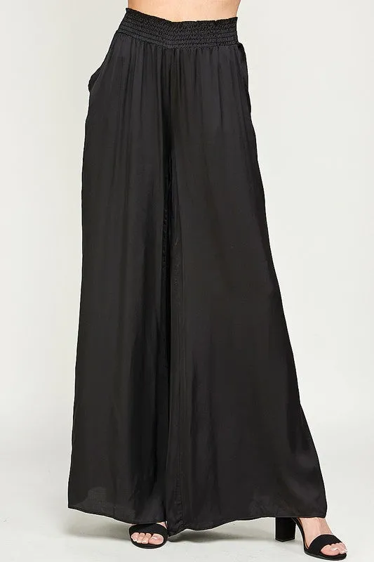 ELASTIC WAIST SATIN WIDE LEG PANTS