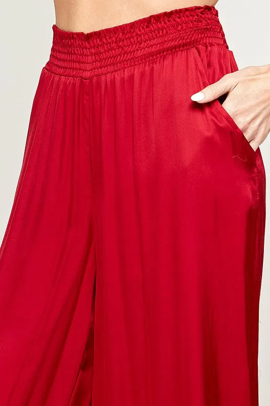 ELASTIC WAIST SATIN WIDE LEG PANTS