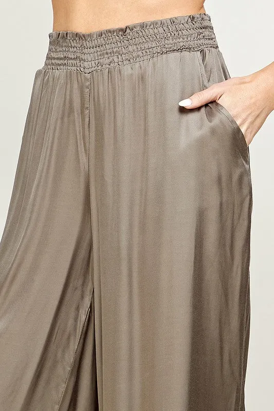 ELASTIC WAIST SATIN WIDE LEG PANTS
