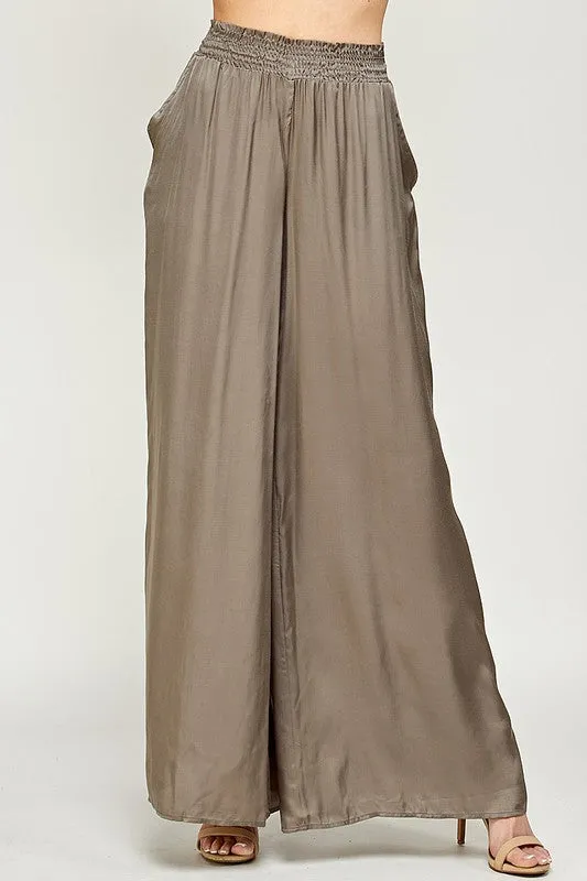 ELASTIC WAIST SATIN WIDE LEG PANTS