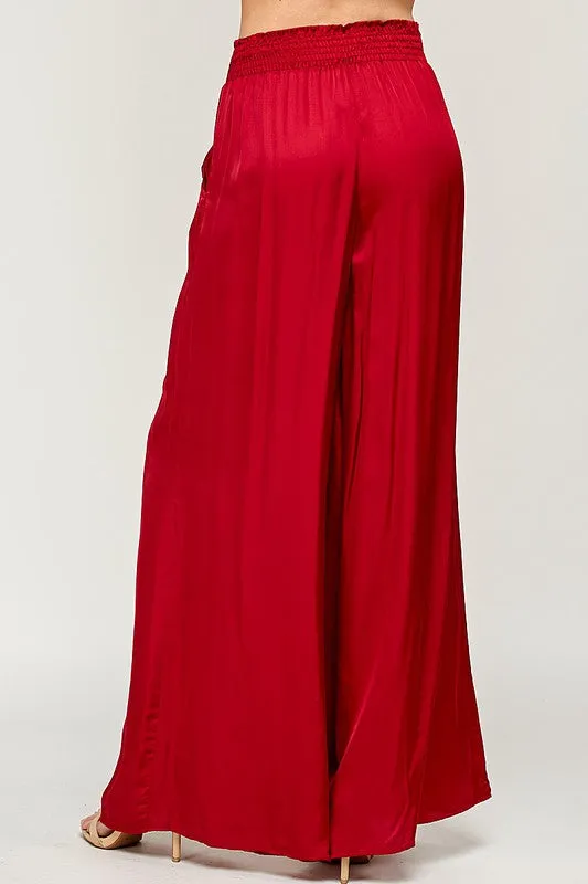 ELASTIC WAIST SATIN WIDE LEG PANTS