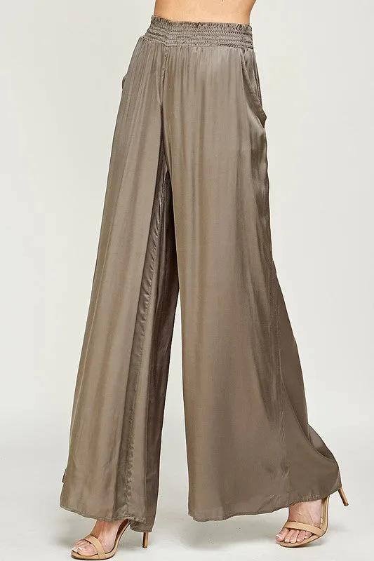 ELASTIC WAIST SATIN WIDE LEG PANTS