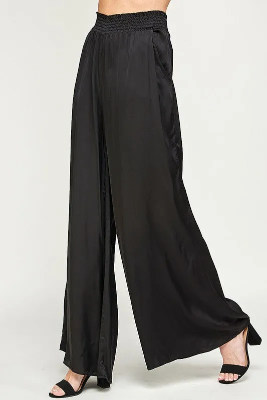 ELASTIC WAIST SATIN WIDE LEG PANTS