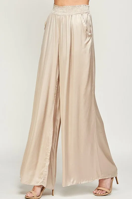 ELASTIC WAIST SATIN WIDE LEG PANTS