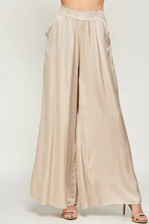 ELASTIC WAIST SATIN WIDE LEG PANTS