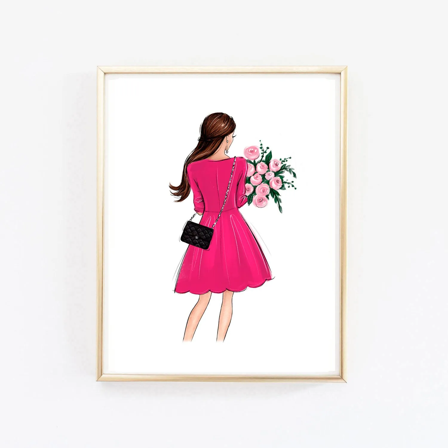 Fashion wall art of girl in pink dress holding flowers