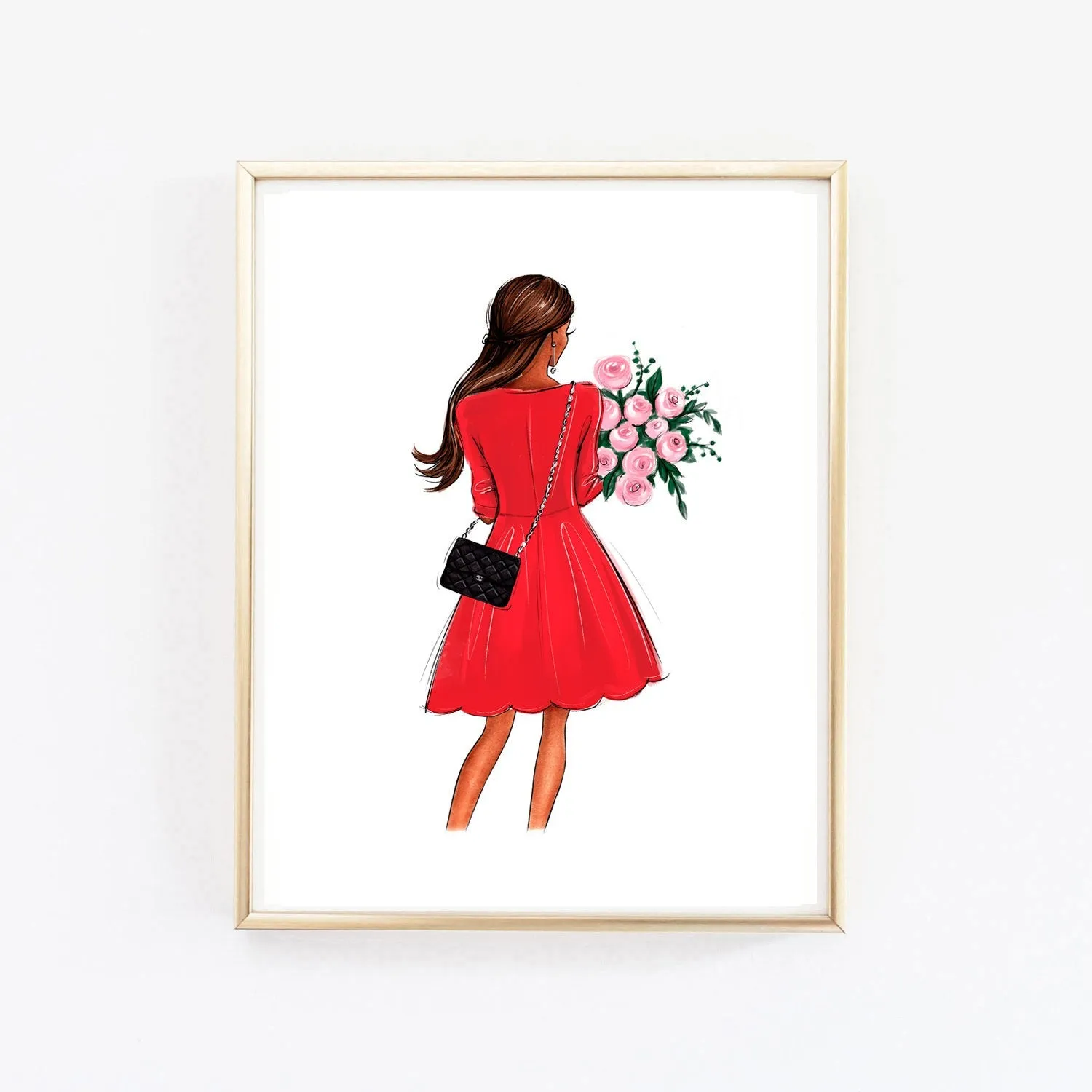 Fashion wall art of girl in pink dress holding flowers