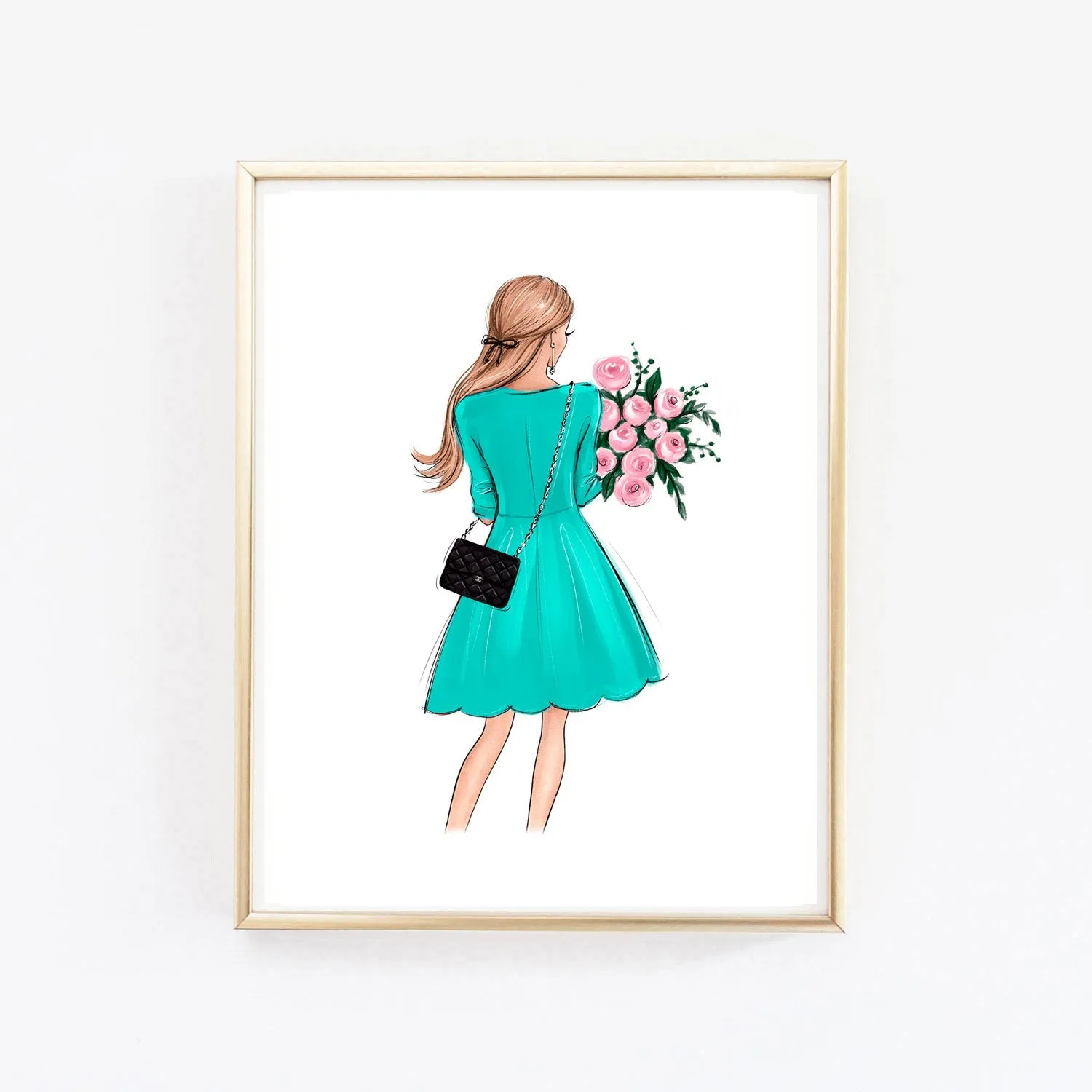 Fashion wall art of girl in pink dress holding flowers