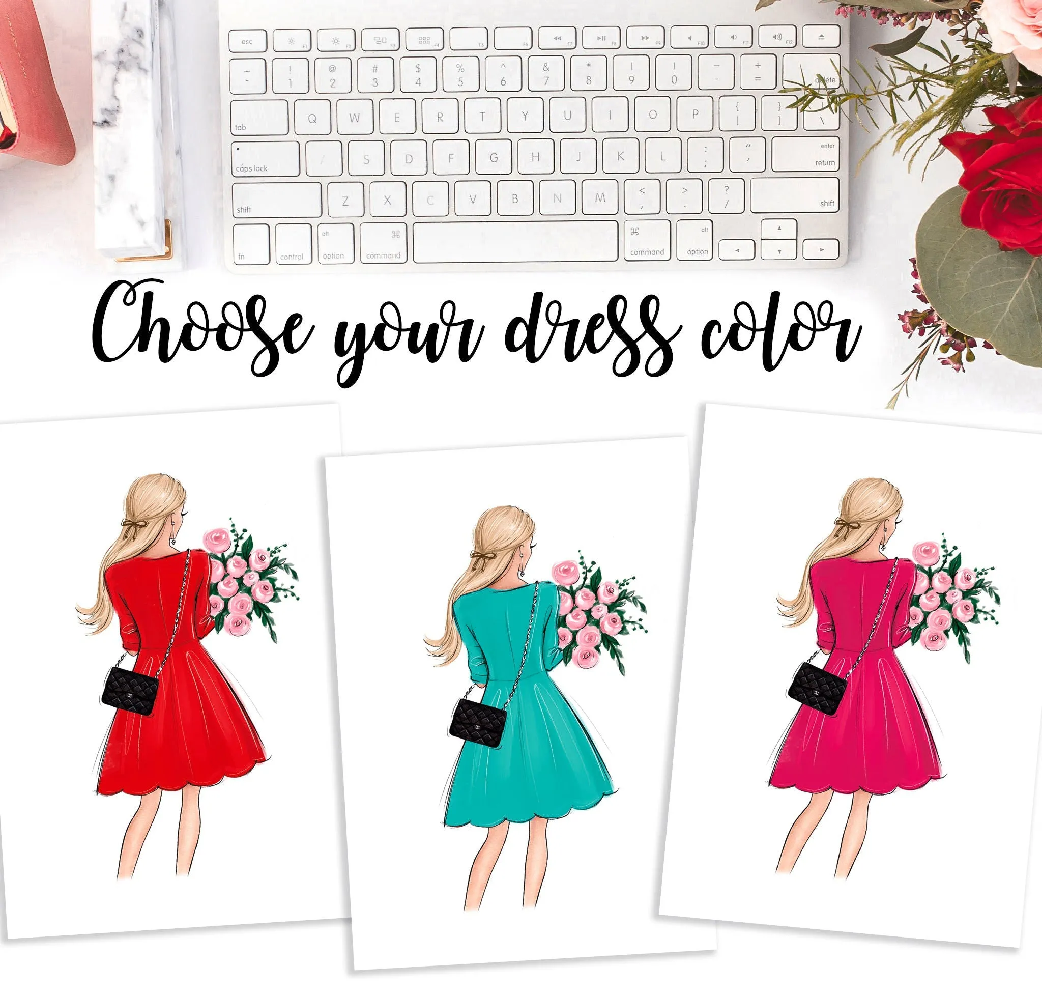 Fashion wall art of girl in pink dress holding flowers