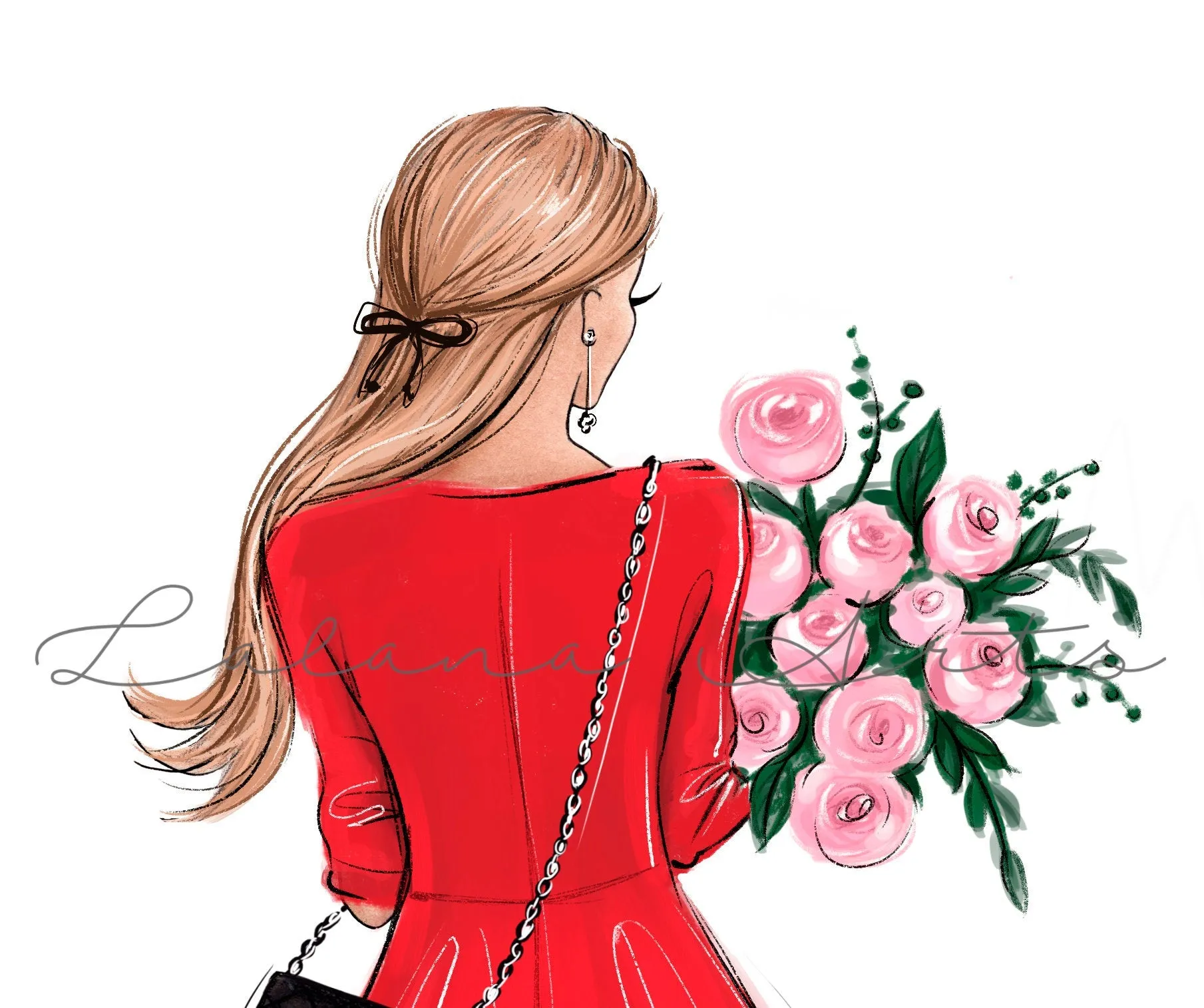 Fashion wall art of girl in pink dress holding flowers