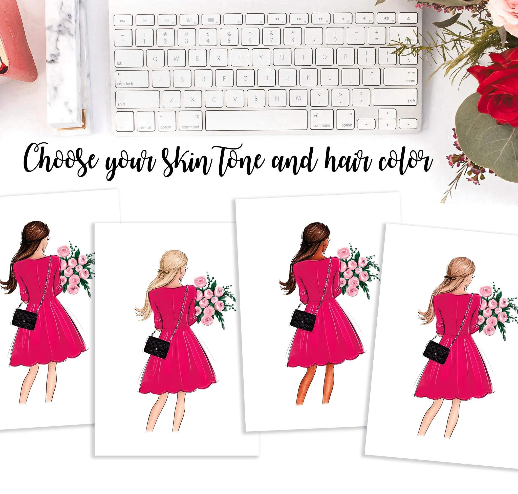 Fashion wall art of girl in pink dress holding flowers