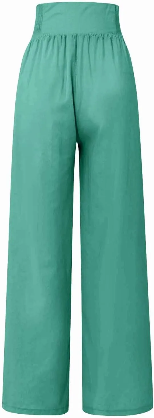 FlekmanArt Linen Wide Leg Pants Women Comfy Flowy High Waisted Beach Palazzo Pants with Pockets 2024