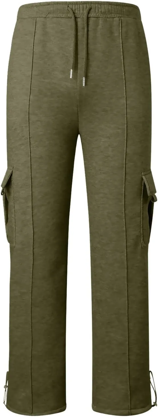 Heavyweight Cargo Sweatpants for Men Casual Fleece Jogger Sports Hiking Pants Drawstring Trousers with Pockets