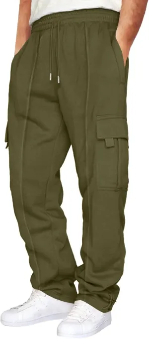 Heavyweight Cargo Sweatpants for Men Casual Fleece Jogger Sports Hiking Pants Drawstring Trousers with Pockets