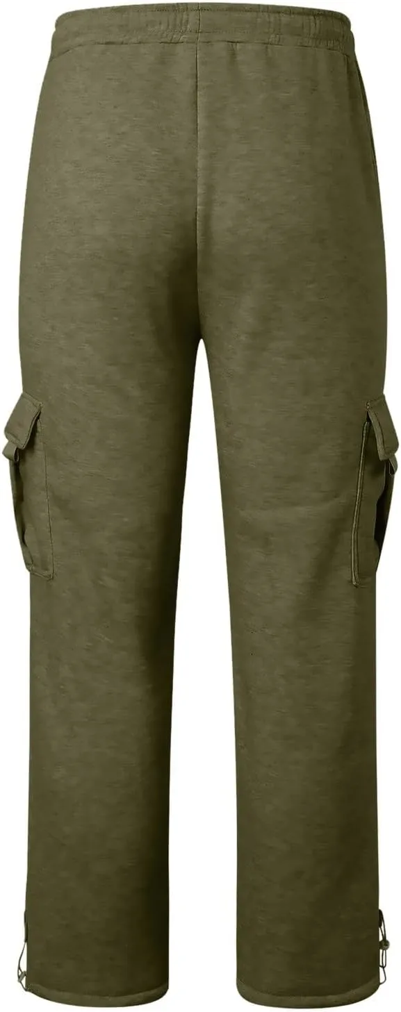 Heavyweight Cargo Sweatpants for Men Casual Fleece Jogger Sports Hiking Pants Drawstring Trousers with Pockets